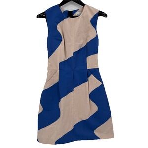 Milly Dress Size 8 Blue & Cream Geometric Pockets Cotton Fully Lined Sheath Mini